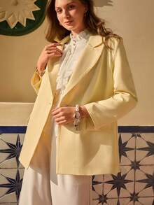 Bóhologie Áo khoác blazer nữ thời trang thanh lịch, tay dài, một hàng khuy - Màu vàng - Xem 4