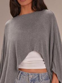 Athîral Áo choàng Poncho cổ tròn rộng rãi, không đối xứng màu trơn dành cho nữ - Xám - Xem 4