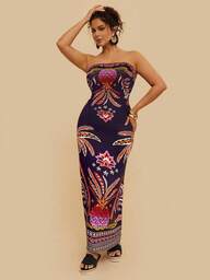 Travachic Plus Size Women's Tropical Print Strapless Dress, Stretchy Knit Long Dress For Summer Vacation