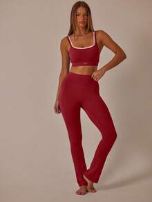 Aralina 双肩带镂空露脐上衣和高腰紧身裤弹力运动套装（女款） - 酒紅色 - 查看 4
