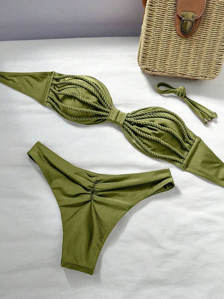 Swim Vcay Bộ 2 chiếc/Bộ đồ bơi gợi cảm dây thừng trang trí màu trơn áo bikini bandeau và quần cắt cao, xuân/hè - Màu xanh Ô liu - Xem 1