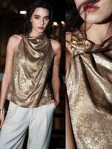 Lumivelle 女士时尚休闲立领不对称金属扣装饰吊带上衣 - 金色 - 查看 1