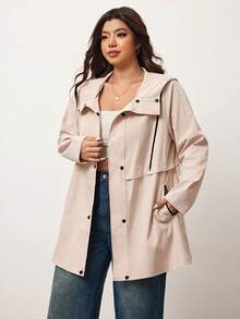 Enliva 大码女式纯色长袖单排扣休闲连帽风衣，休闲简约风格，适合日常穿着、外出，女式连帽长款风衣，女式连帽风衣，女式秋季服装 - 卡其色 - 查看 4