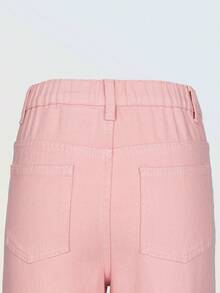 SHEIN Denimly 女童休闲简约学院风牛仔裤，松紧腰，拉链闭合，水洗牛仔七分裤 - 粉色 - 查看 4