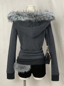 EgrlEra Women's Fur Collar Sweatshirt, Coffee Brown Printed Long Sleeve Sweatshirt - Dark Grey - View 2