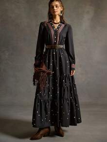 SoleilVie 女士西部波西米亚风长连衣裙，休闲，长袖，复古，牛仔风格，拼接长裙 - 黑色 - 查看 5