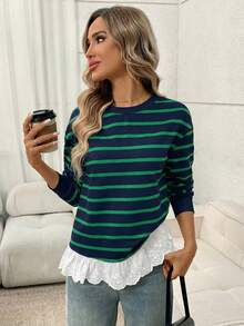 Easowa Striped Print Guipure Lace Hem Drop Shoulder Sweatshirt In Fall/Winter - Green - View 1