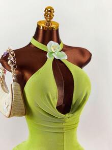 Amplova 2026早春度假绿色兰花露背紧身连体衣，适合度假、派对、聚会等场合。 - 綠色 - 查看 5