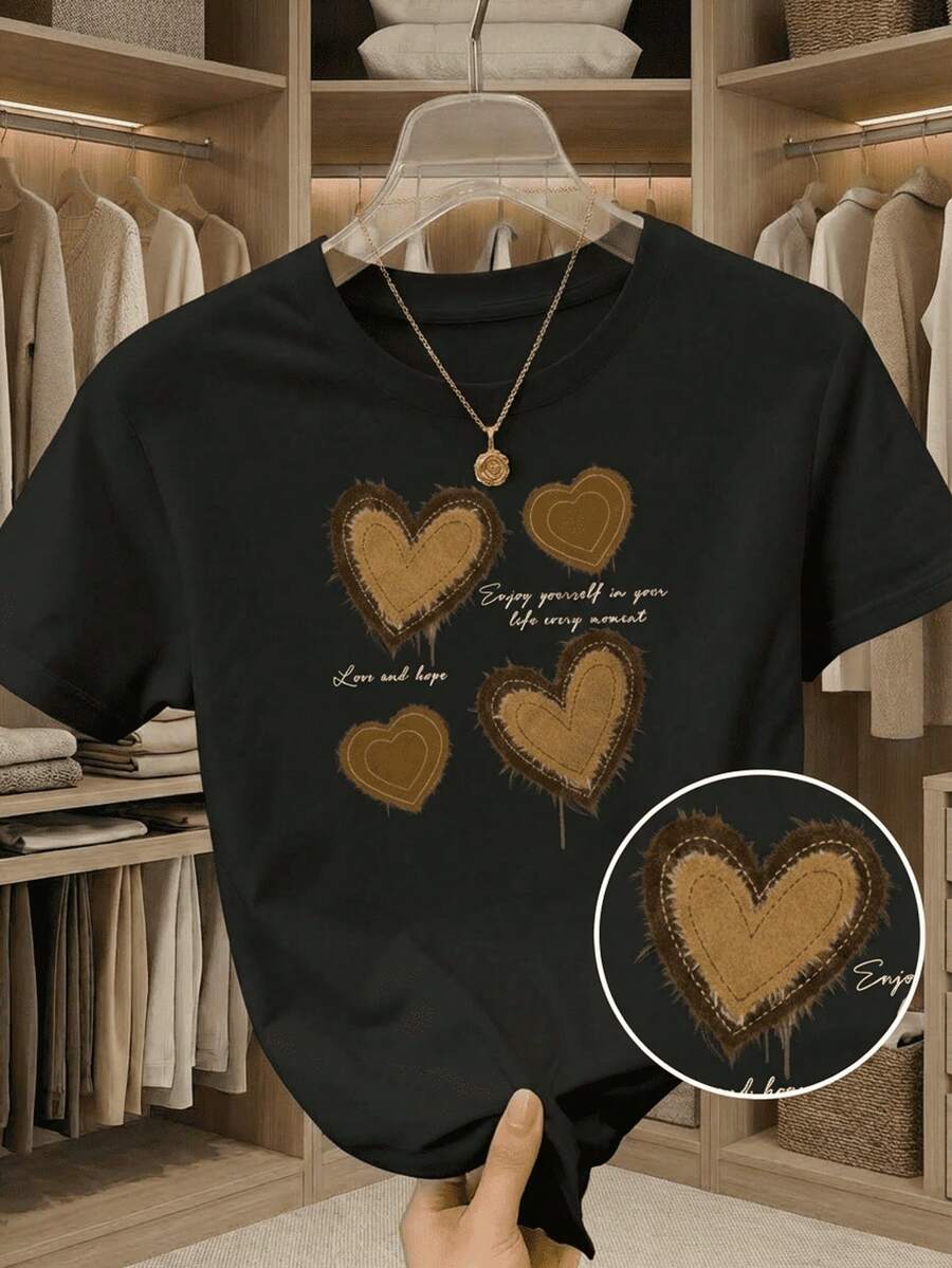 Camiseta de manga corta con cuello redondo, adornada con estampado, para ropa de Año Nuevo, camisetas gráficas para mujeres - Negro - Ver 1