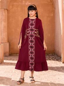 Sparklyn Girls' Middle Eastern Style A-Line Dress, Gold-Trimmed Flared Sleeves, Ribbon Embellishment, Machine Washable, Made Of Polyester Blend Fabric, Suitable For Spring, Summer And Autumn, Perfect For Everyday Wear In Spring And Autumn. - Burgundy - View 4