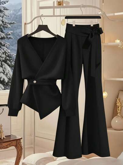 Franclia 女式纯色简约长袖上衣和裤子两件套，休闲日常穿着