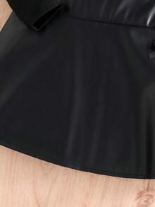 Tween Girls Ribbed Long Sleeve Top Paired With Bow Decor Slit Hem Black PU Leather Skirt, Autumn/Winter T-Shirt Set - Black - View 5