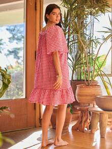 Lullawish 女士波西米亚风宽松棉质格子娃娃短款睡裙 - 紅白色 - 查看 2