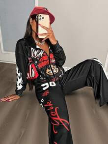 Slaydiva 新款秋冬女装返校套装，商务休闲街头风，复古学院风拉链外套，短款露脐上衣+直筒/阔腿裤套装，印花图案，黑色运动套装两件套 - 黑色 - 查看 12