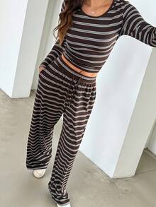 SHEIN Tall 女士休闲条纹圆领长袖上衣和裤子两件套 - 彩色 - 查看 3