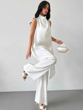 Firerie Modern Minimalist Design White Set: Pleated Collar Irregular Hem Camisole Top, And Draped Flowy Straight Leg Pants, Made Of Comfortable And Skin-Friendly Fabric, Elegant And Dignified Office Wear, Versatile For Family Gatherings, Fashion Celebrations, Spring/Summer Vacation, And Casual Daily Wear