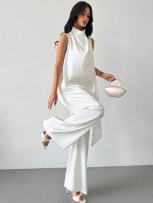 Firerie Modern Minimalist Design White Set: Pleated Collar Irregular Hem Camisole Top, And Draped Flowy Straight Leg Pants, Made Of Comfortable And Skin-Friendly Fabric, Elegant And Dignified Office Wear, Versatile For Family Gatherings, Fashion Celebrations, Spring/Summer Vacation, And Casual Daily Wear