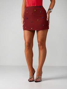 MISSGUIDED Rok Mini Pinggang Tinggi Berhiaskan Permata Berwarna-warni untuk Pesta Malam, Rok Pendek Ketat yang Pas di Badan - Burgundy - View 4