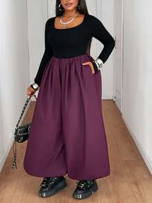 Maweii 大码女式纯色弹力腰褶皱阔腿宽松休闲裤 - 中紫紅色 - 查看 2