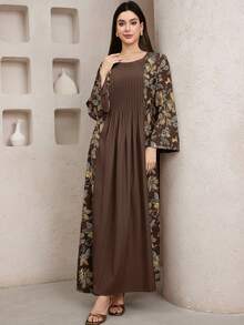 Al Najma 女士印花优雅长袖连衣裙 - 咖啡棕 - 查看 3