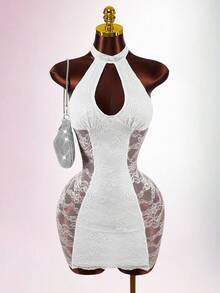 Amplova 女士优雅性感透视蕾丝拼接露背吊带迷你连衣裙 - 白色 - 查看 5