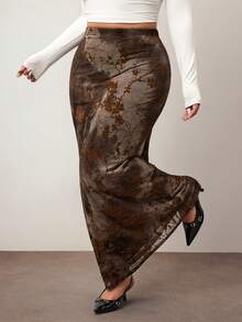 Hourglow Falda lápiz con estampado floral y teñido anudado para mujer de talla grande, para figura de reloj de arena/2026/Año Nuevo - Marrón - Ver 1