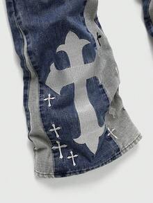 ROMWE MEN Spring Casual Graphic Men'S Casual Fashion Street Cross Pattern Washed Flared Jeans - Blue - View 3