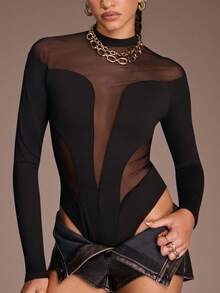 Normani Mock Neck Sheer Mesh Panel Long Sleeves Bodysuit - Black - View 1