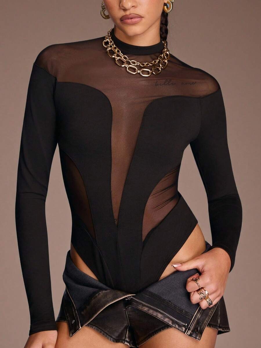 Normani Mock Neck Sheer Mesh Panel Long Sleeves Bodysuit - Black - View 1