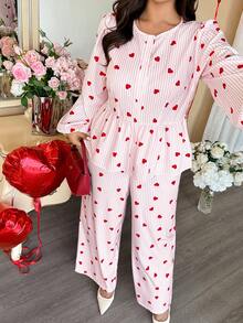 Vionelle Plus Size Valentine's Day Heart Striped Long Sleeve 2 Pieces Set Women,White Autumn Cute Date Night Comfy Pajama Lounge Sets Matching Two Piece Set - Pink - View 6