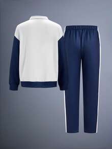 Driftmere 男士撞色拼接字母印花拉链卫衣裤套装，秋季服装 - 彩色 - 查看 2