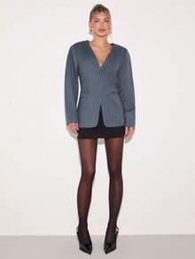 COSMINA Women's Elegant Deep V Waist Suit Blazer, Grey, Autumn, Casual, Work, Business , Office Attire - Blue - View 5