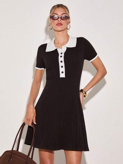 COSMINA Đầm len ngắn tay cổ tròn ôm dáng phối màu cho nữ, thiết kế tương phản màu trắng và cà phê, đầm cổ sơ mi tay ngắn, đầm dệt kim mùa xuân/hè, phù hợp cho mùa chuyển giao, đầm thanh lịch tối giản, phù hợp mặc công sở, đầm đi làm duyên dáng cho nữ