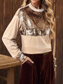LanaWest Western Style Velvet Sequin Slit Long Sleeve Sweatshirt, Versatile For Winter New Year Party, Multi-Occasion Wear - Khaki - View 5