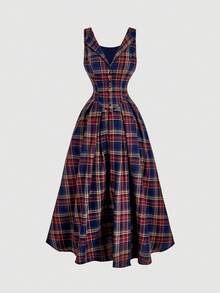 SHEIN MOD Đầm midi xếp ly không tay kẻ caro đơn giản thiết kế nút dành cho nữ - Màu xanh hải quân - Xem 5