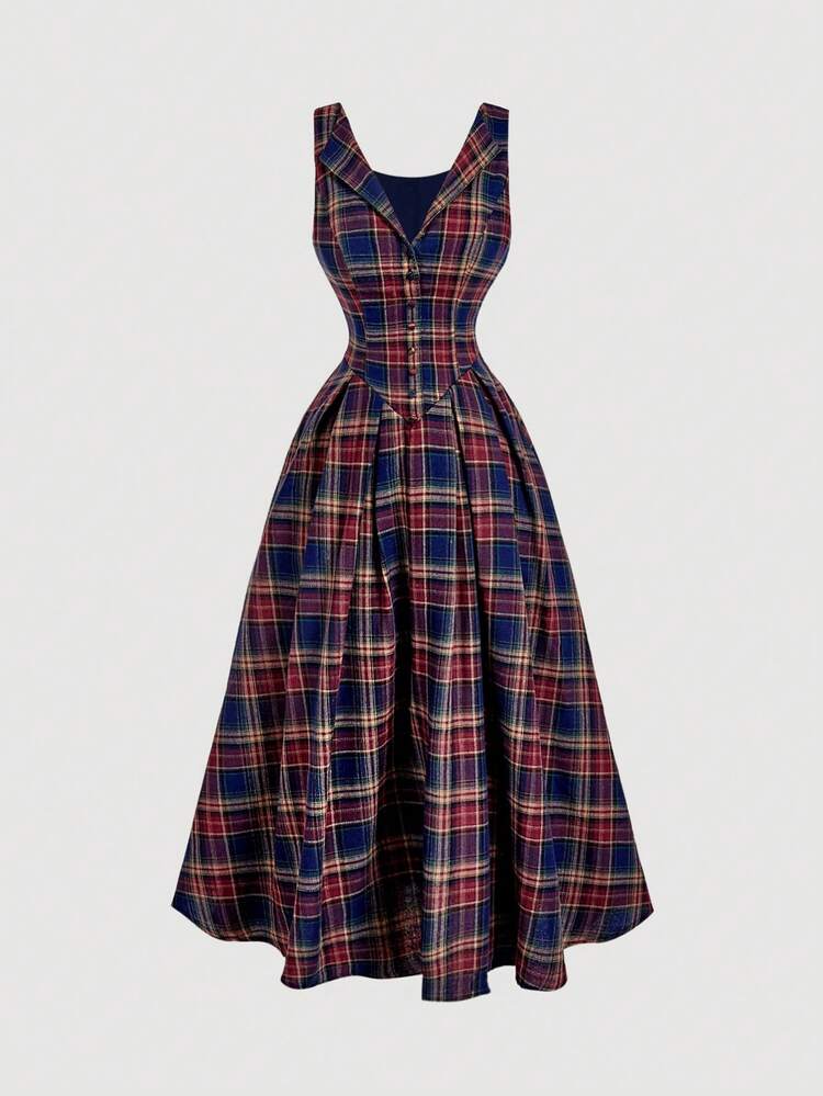 SHEIN MOD Vestido midi casual de mujer con diseño de botones, cuello a cuadros y plisado sin mangas - Azul Marino - Añade 5