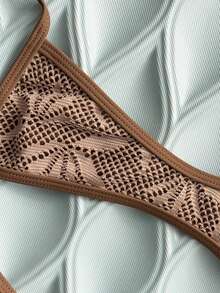 Swim Vcay 2026 New Spring/Summer Women 2pcs Sexy Micro Bikini Set, Beach Vacation Casual Brown Bathing Suit Women Brown Bikini Set Textured Bikini Criss Cross Bikini Mini Bikini - Brown - View 4