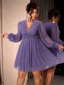 Cravure Đầm dự tiệc tay đèn lồng thiết kế xoắn cổ chữ V cỡ lớn cho nữ - Màu tím - Xem 1