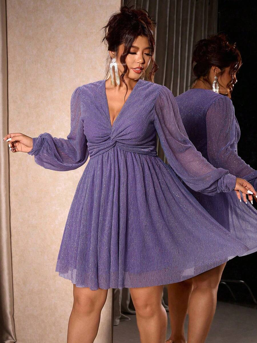 Cravure Đầm dự tiệc tay đèn lồng thiết kế xoắn cổ chữ V cỡ lớn cho nữ - Màu tím - Xem 1