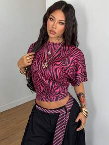 Coolane Women's Winter Y2K Concert Daily Wear Casual Back To School Streetwear Stretchy Zebra Graphics Short Sleeve Loose Ruched Crop Tee - Red and Black - View 4