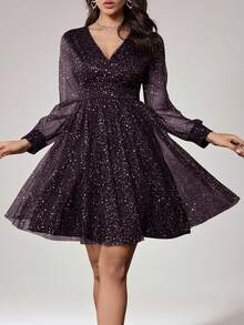 SHEIN Belle Women's V-Neck Long Sleeve Shiny Elegant Luxurious Ball Gown Dress - Purple - View 6