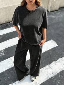Muchica 大码做旧黑色酸洗宽松T恤+阔腿裤两件套纯棉套装，春夏款 - 黑色 - 查看 6