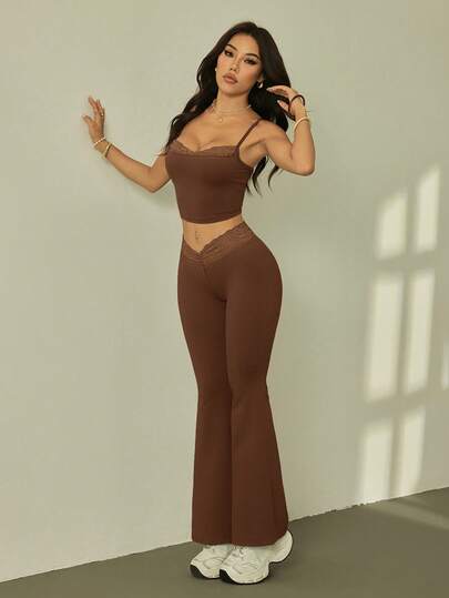 SHEIN PETITE Summer Black Lace Splicing Suspenders + Bell Bottoms Women's Slim Two Pieces Set Brown 2 Piece Set Brown Two Piece Set Club Two Piece Set Brown Bodysuit Mesh Two Piece Set Brown Bell Bottom Set Brown Lace Trim Set Brown Lace Two Piece Brown Crop Top And Pants Brown Club Set Brown Matching Set Laced Two Piece Set Brown Top And Pants Set