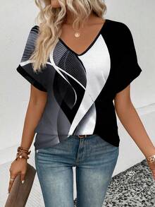 EMERY ROSE New Arrival Spring/Summer Party Style Crystal Tassel Graphic V-Neck Short Sleeve T-Shirt - Multicolor - View 4