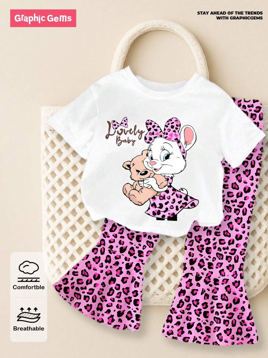 SHEIN GraphicGems Baby Girls' Lovely Rabbit Print Round Neck Short Sleeve White T-Shirt And Leopard Print Knit Legging Skirt 2Pcs Set - Multicolor - View 1
