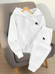 Conjunto set de 2 piezas Sudadera con gorro manga larga comoda y  Pantalon Pants suave, adornada con estampado, para ropa de Año Nuevo, camisetas gráficas para mujeres - Blanco - Ver 3