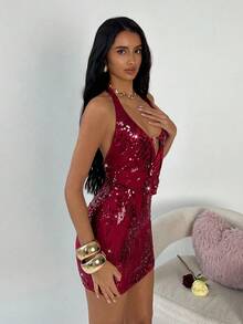 TRNVIE 1 chiếc váy ngắn ôm sát màu đỏ đính sequin, cổ khoét sâu, họa tiết trái tim, thích hợp cho nữ dự tiệc, đám cưới, các buổi liên hoan mùa hè. - Màu Đỏ Sâu - Xem 6