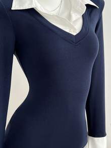 Flirla Women's Casual Fitted Knit Striped Shirt - Navy Blue - View 6