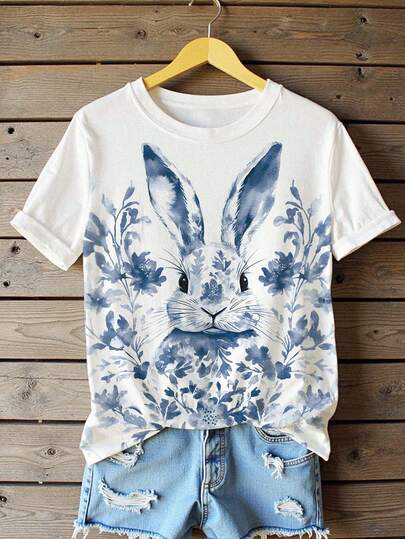 EMERY ROSE Women's Rabbit & Floral Easter Bunny Pattern Comfortable Soft Casual Round Neck Short Sleeve T-Shirt, Suitable For Daily And Holiday Wear