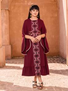 Sparklyn Girls' Middle Eastern Style A-Line Dress, Gold-Trimmed Flared Sleeves, Ribbon Embellishment, Machine Washable, Made Of Polyester Blend Fabric, Suitable For Spring, Summer And Autumn, Perfect For Everyday Wear In Spring And Autumn. - Burgundy - View 7